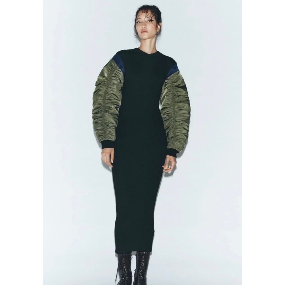 NWT!! ZARA Contrast Nylon Midi Dress Ribbed Knit Olive Green Black Blue Large